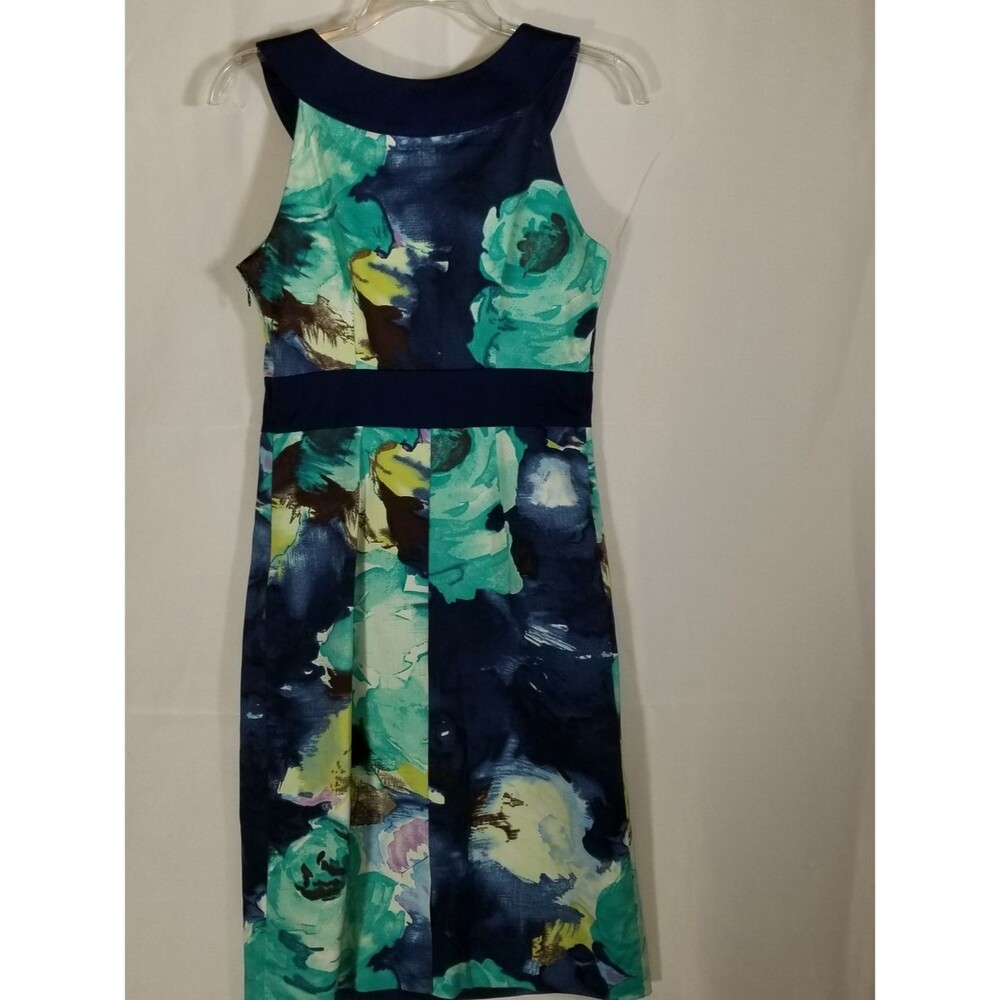 Merona Navy Blue Floral Sheath Dress Sleeveless Knee Length Teal Aqua Size Small - Picture 4 of 9